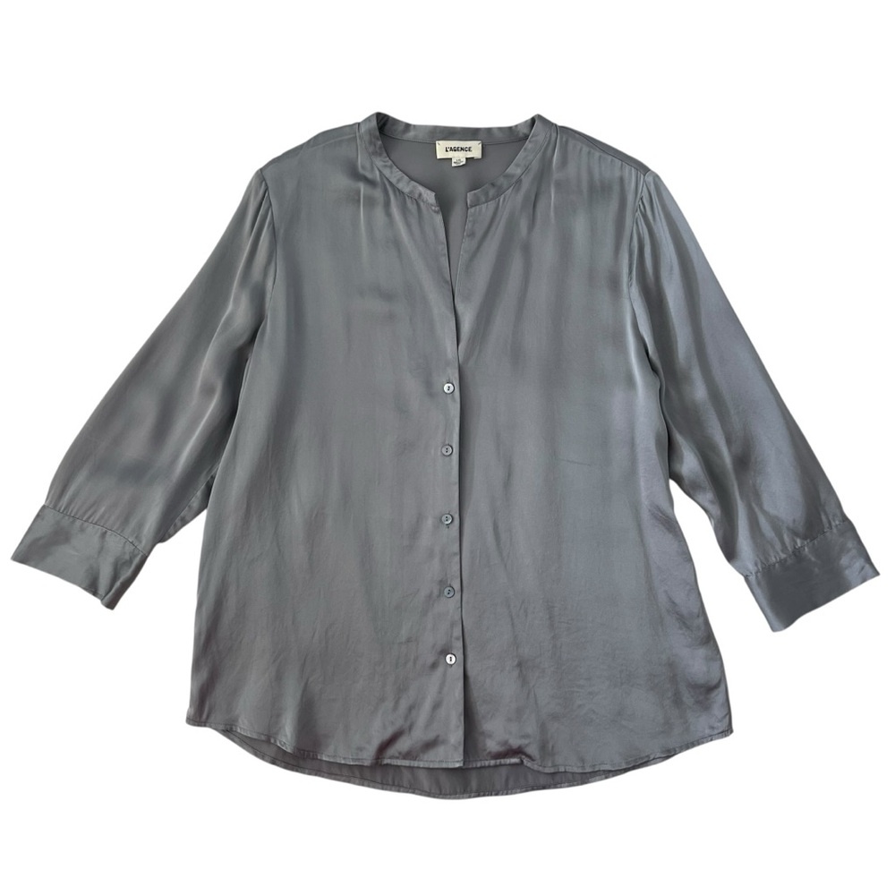 L'agence 100% Silk Gray Mandarin Collar V Neck 3/4 Sleeve‎ Button Blouse SZ L